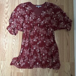 Women's Floral V-Neck Babydoll Dress Burgundy